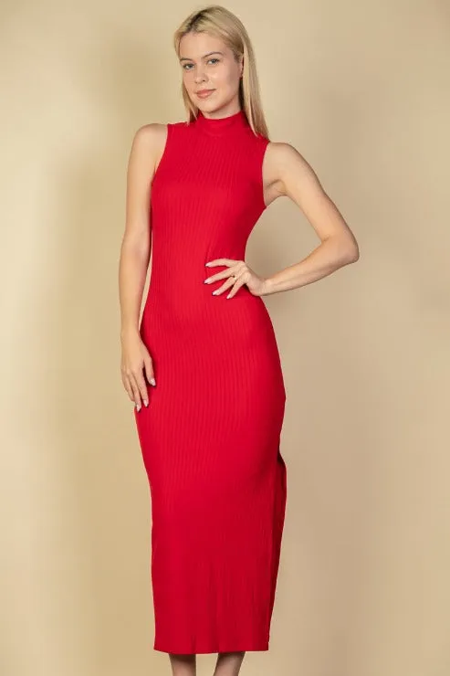 Ribbed Mock Neck Side Slit Sleeveless Bodycon Maxi Dress