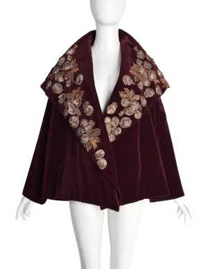 Romeo Gigli Vintage AW 1989 Burgundy Velvet Embellished Shawl Collar Cropped Coat