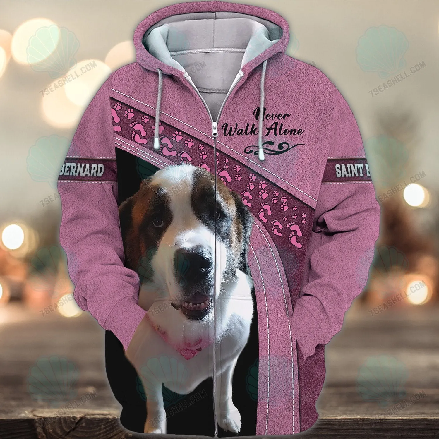 Saint Bernard Love Pink Never Walk Alone 3D Full Print Shirts, Christmas Dog Memorial Gifts for loss of Dog