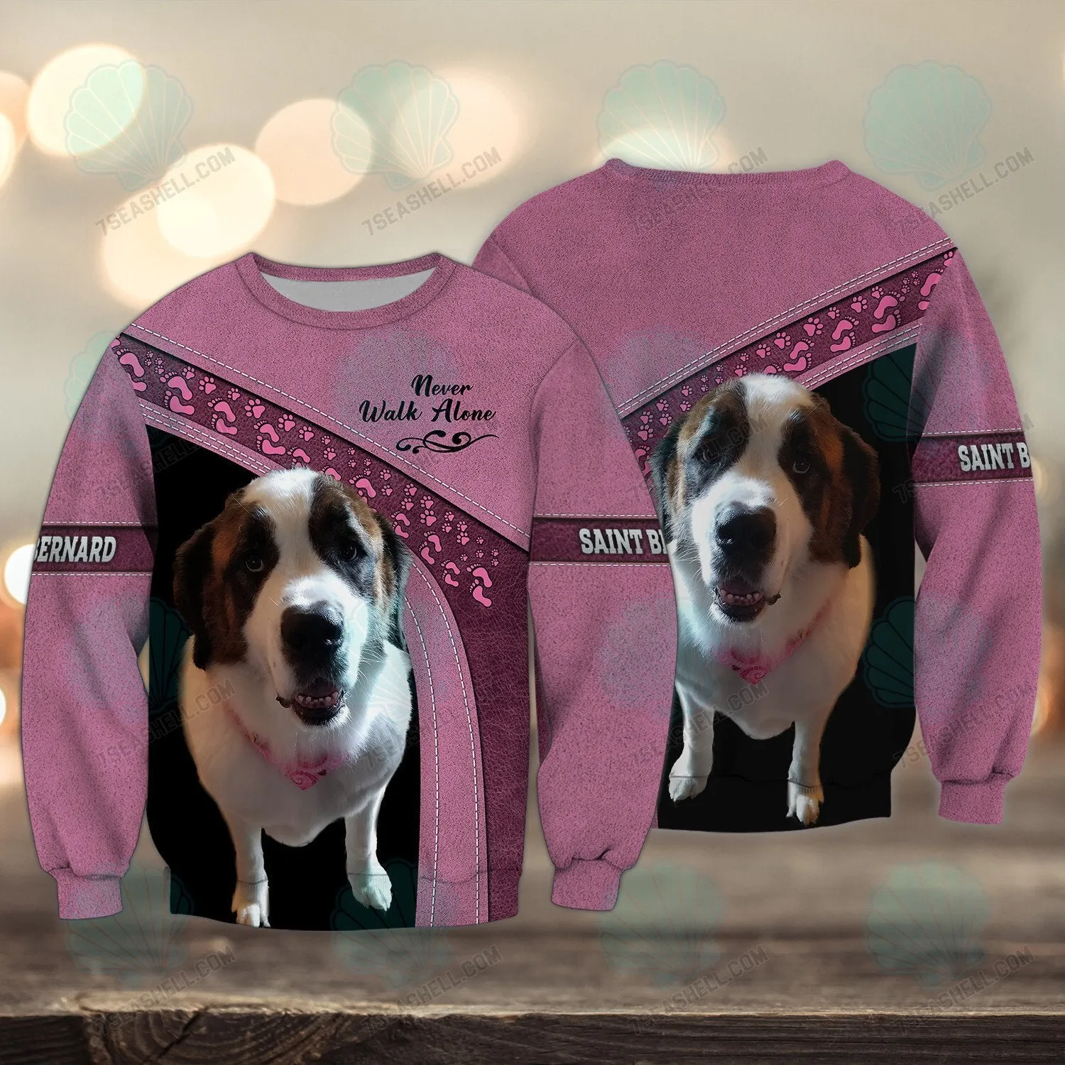 Saint Bernard Love Pink Never Walk Alone 3D Full Print Shirts, Christmas Dog Memorial Gifts for loss of Dog