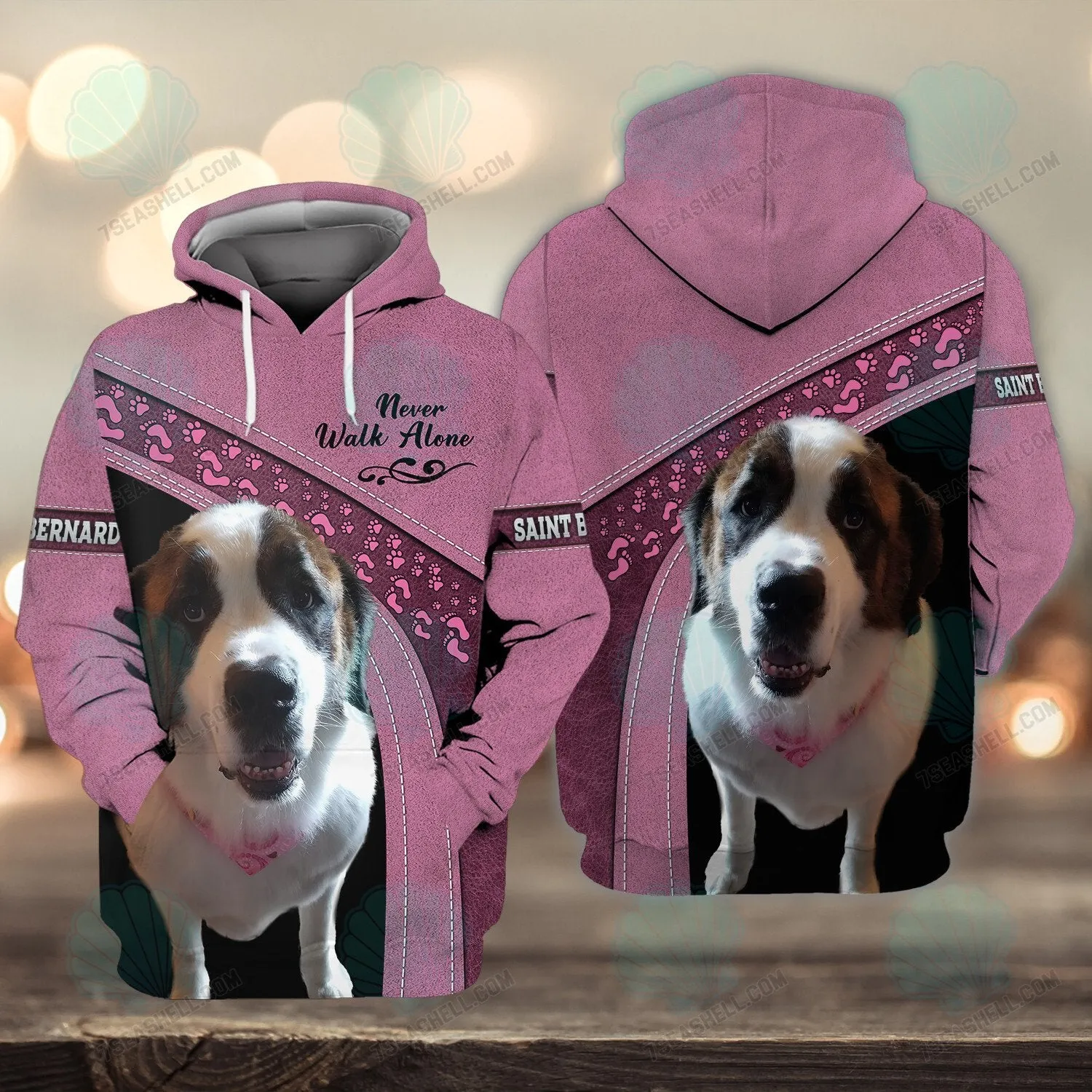 Saint Bernard Love Pink Never Walk Alone 3D Full Print Shirts, Christmas Dog Memorial Gifts for loss of Dog