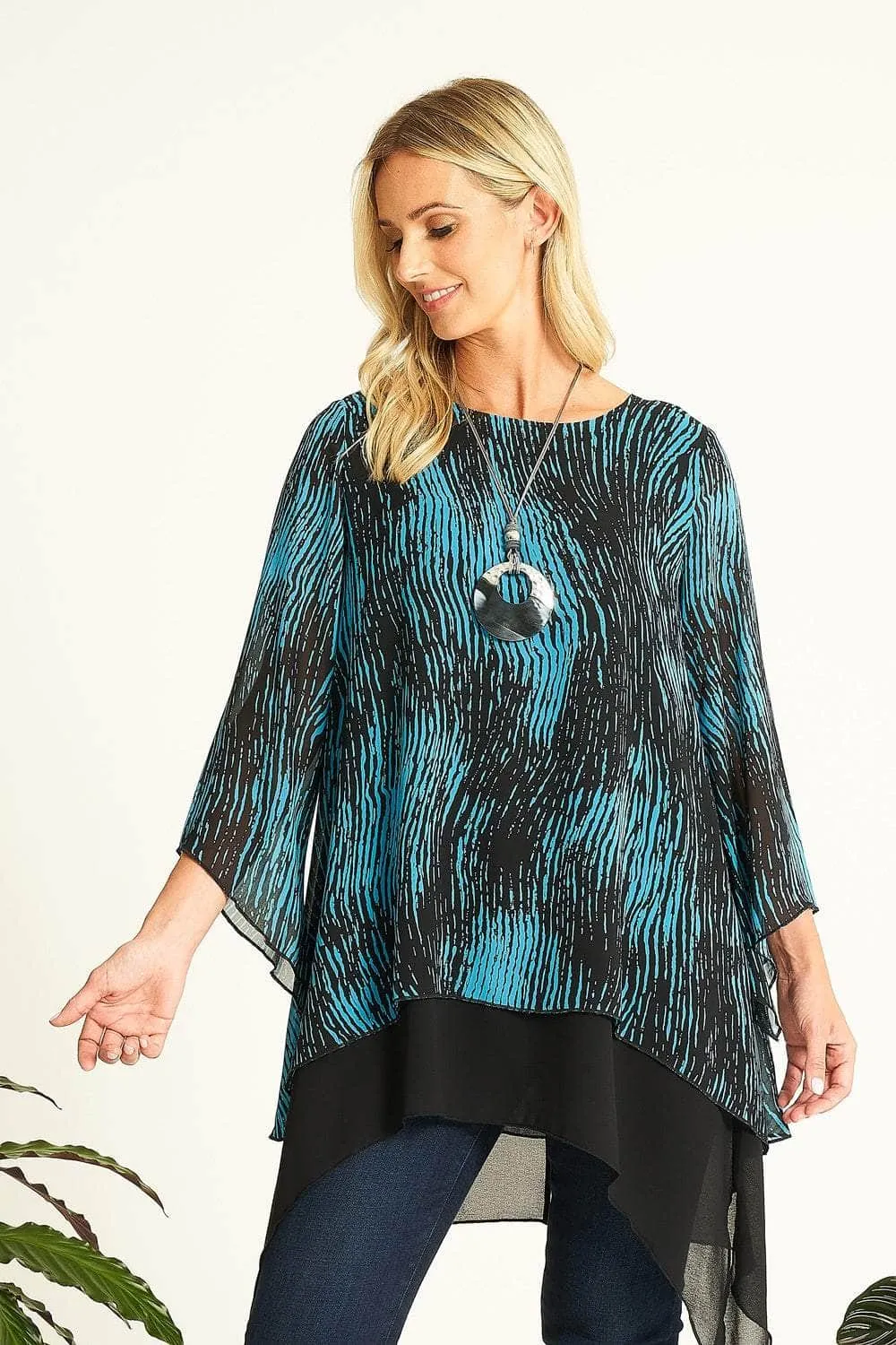 Saloos Flared Double Layer Tunic Top with Necklace