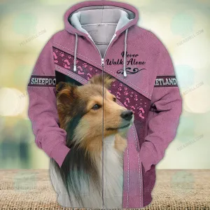 Shetland Sheepdogs Love Pink Never Walk Alone 3D Full Print Shirts, Christmas Dog Memorial Gifts for loss of Dog