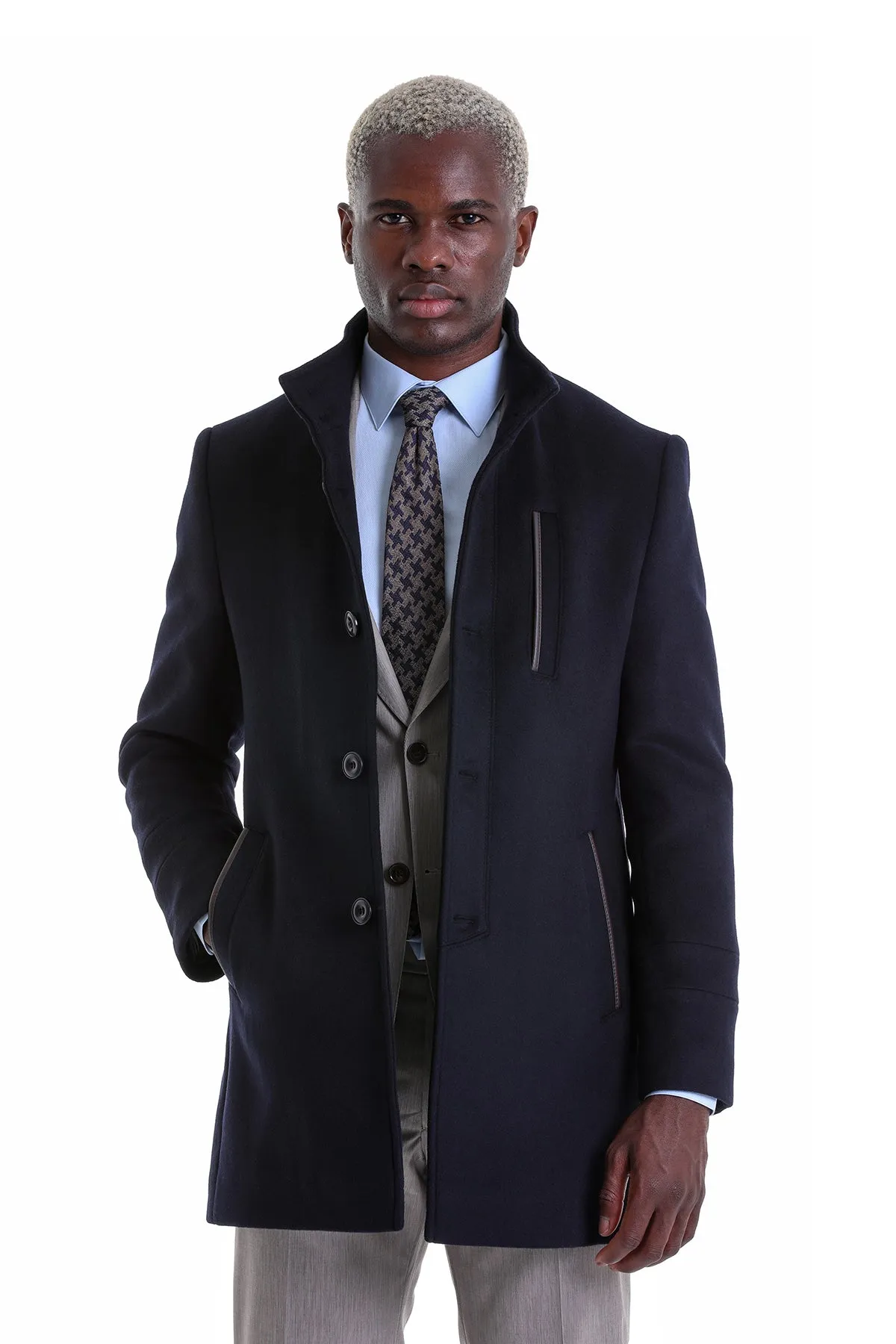 Slim Fit Cachet Funnel Stand Collar Navy Wool Blend Overcoat