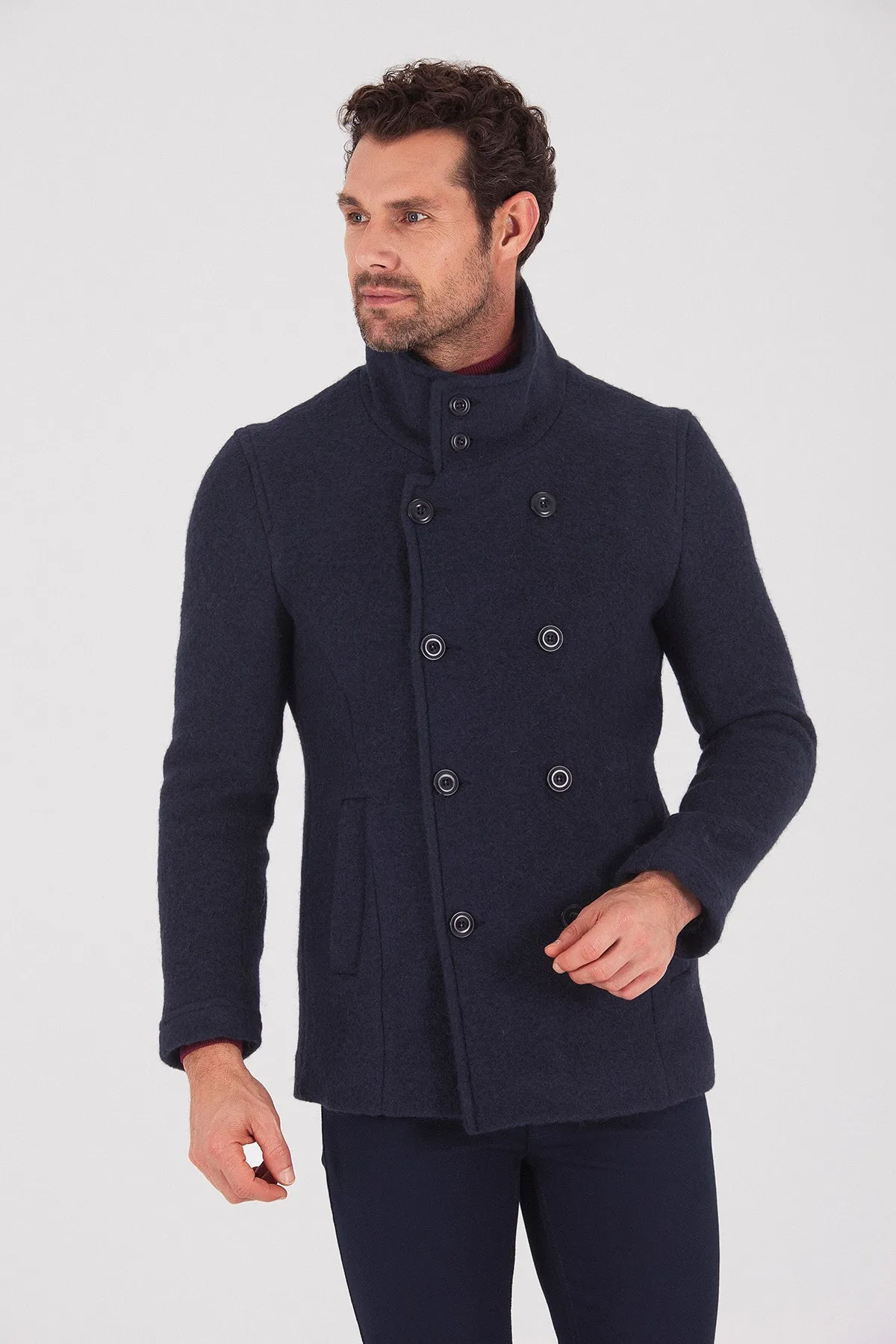 Slim Fit Notch Lapel Alpine Wool Gray Overcoat, Navy