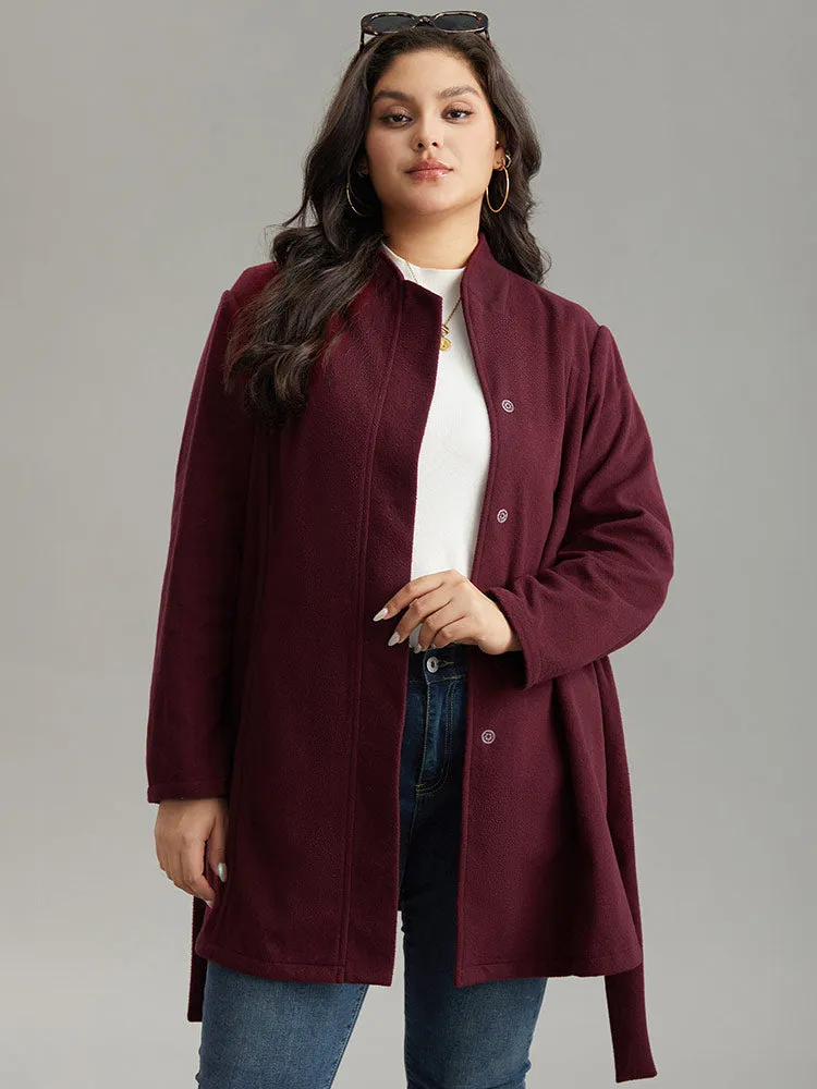 Solid Button Fly Stand Collar Belted Pocket Coat