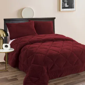 Teddy Fleece 3 Pcs Comforter Set Burgundy Queen