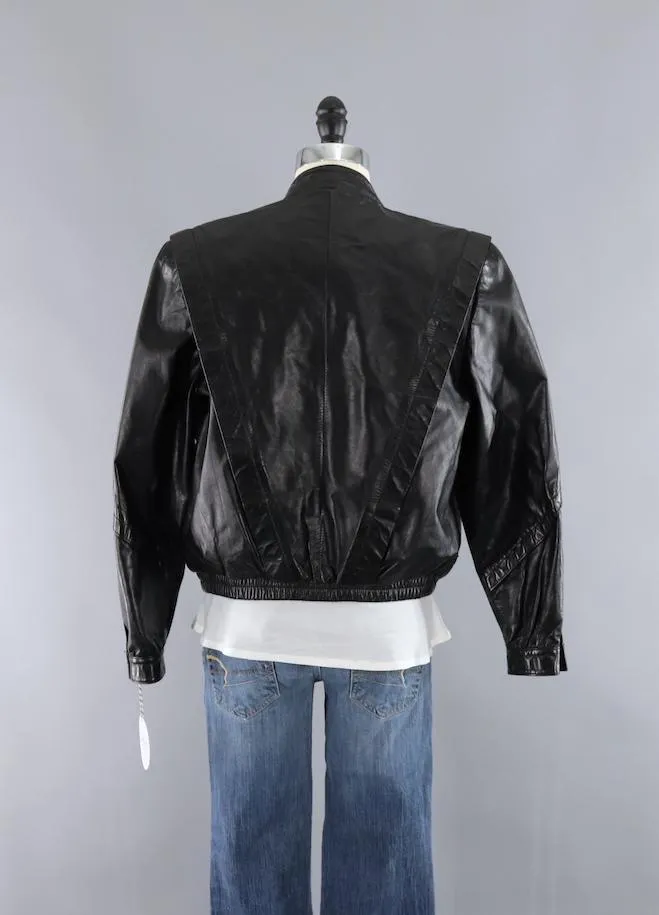 Vintage 1980s Black Leather Jacket with Sherpa Lining