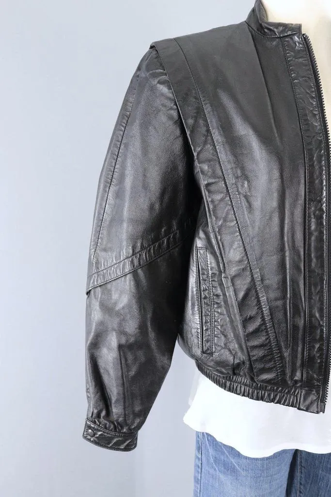 Vintage 1980s Black Leather Jacket with Sherpa Lining