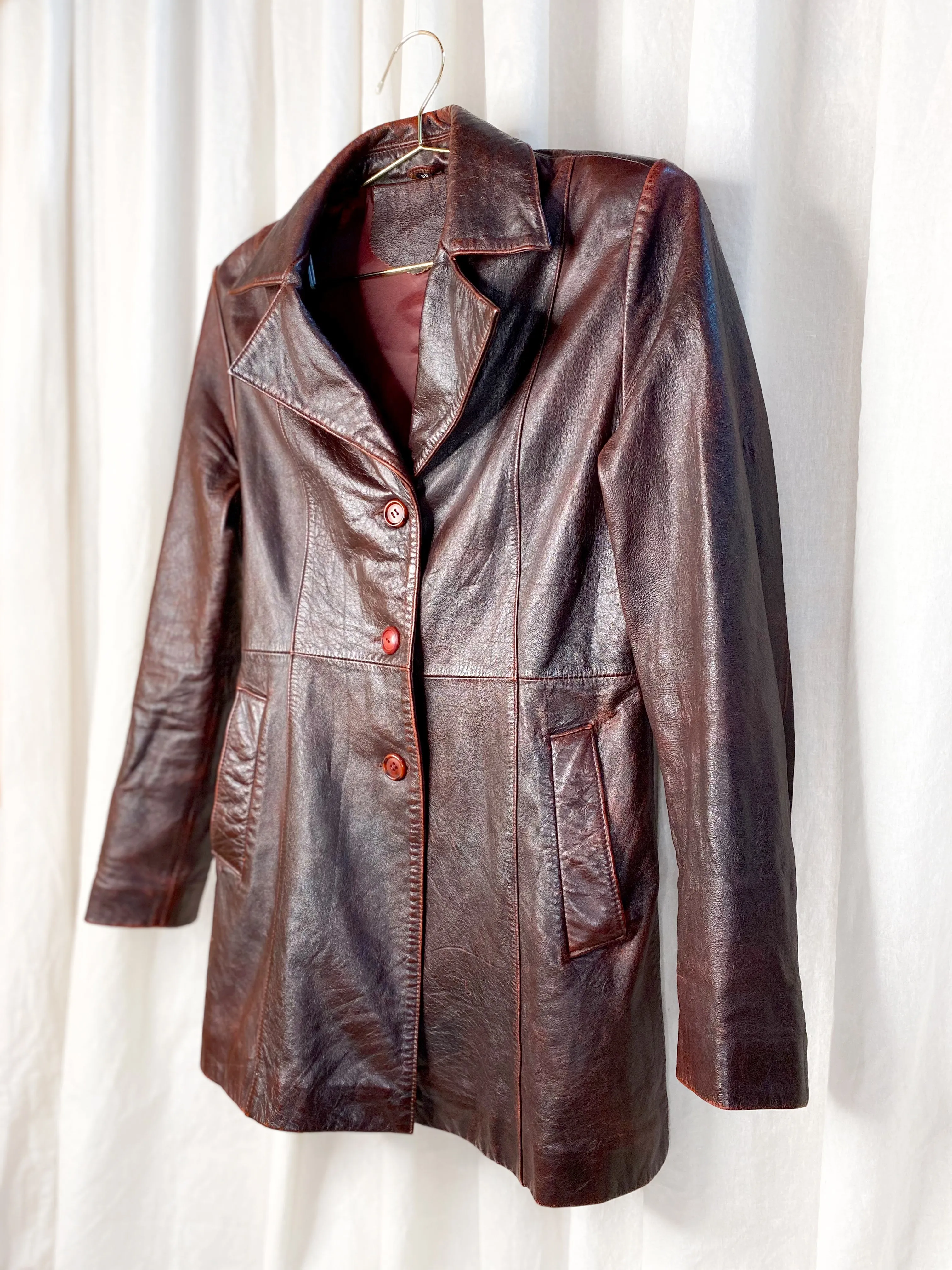 VINTAGE LEATHER JACKET [ Burgundy, Button Up, Size Small ]