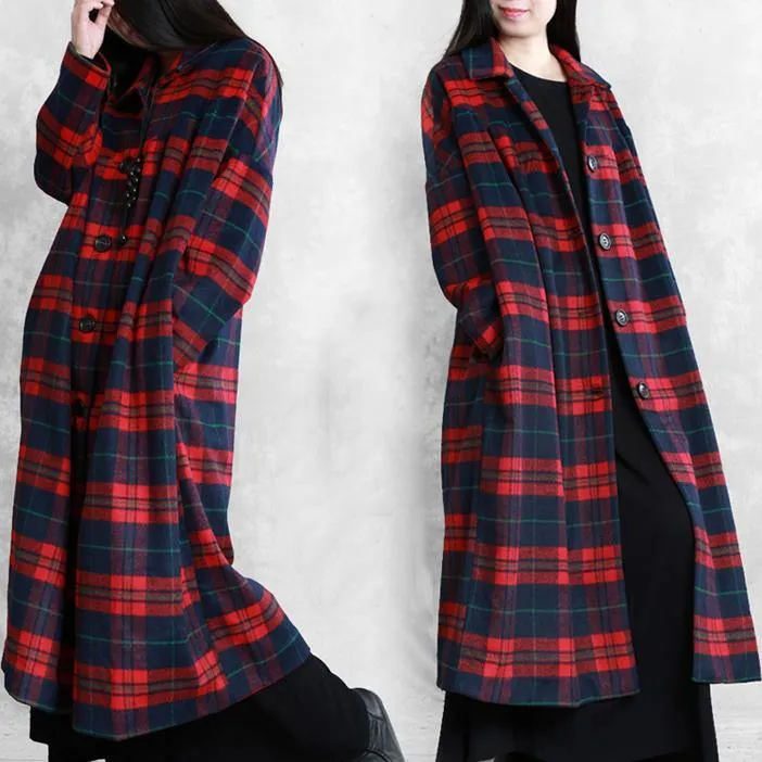 vintage plus size Winter coat woolen outwear red plaid Notched pockets wool overcoat