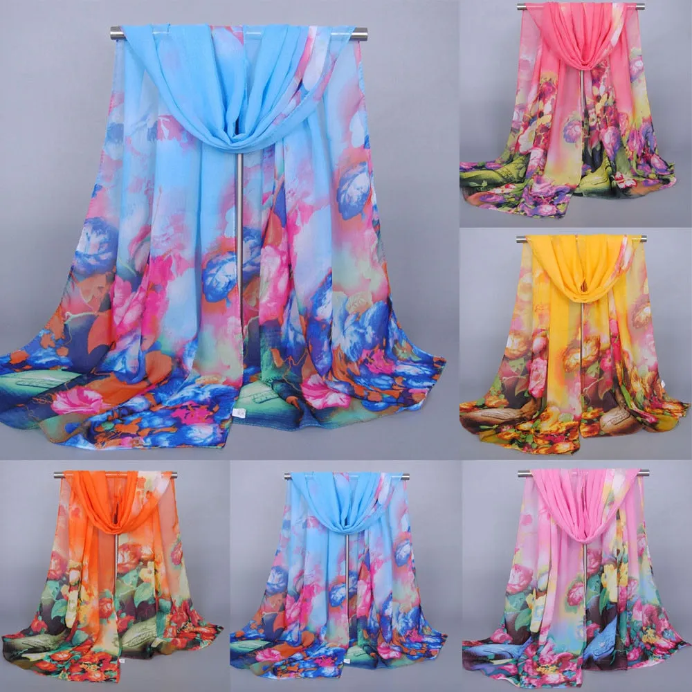 Women Print Chiffon Georgette Scarf Bandana Luxury Elegant Fashion Long Soft Shawl Wrap Hijab Summer Sun Protection Scarves