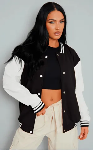 Women's Black Varsity Leather Bomber Jacket