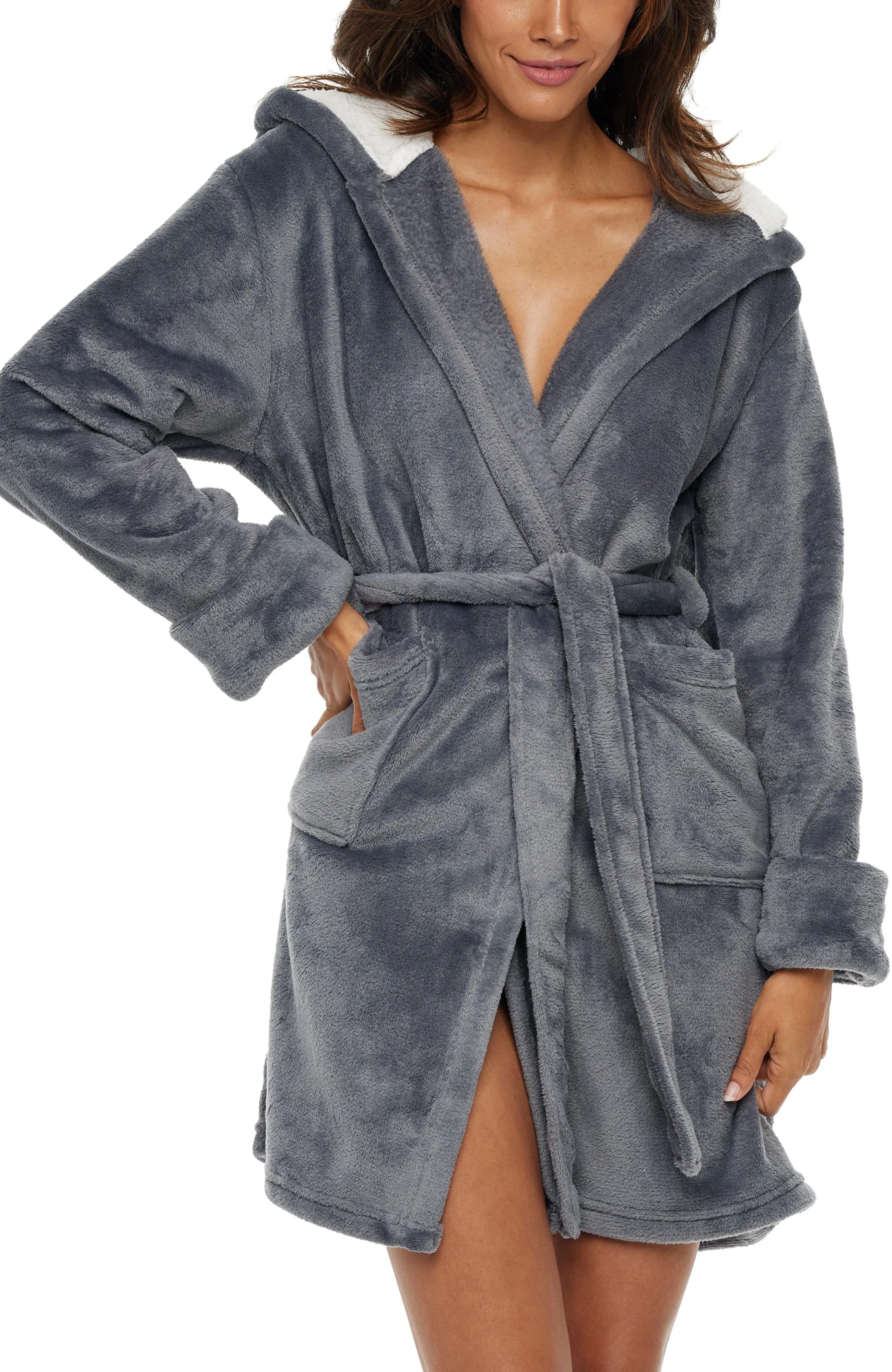 Women's Classic Plush Hooded Robe, Short Fleece Bathrobe Solids