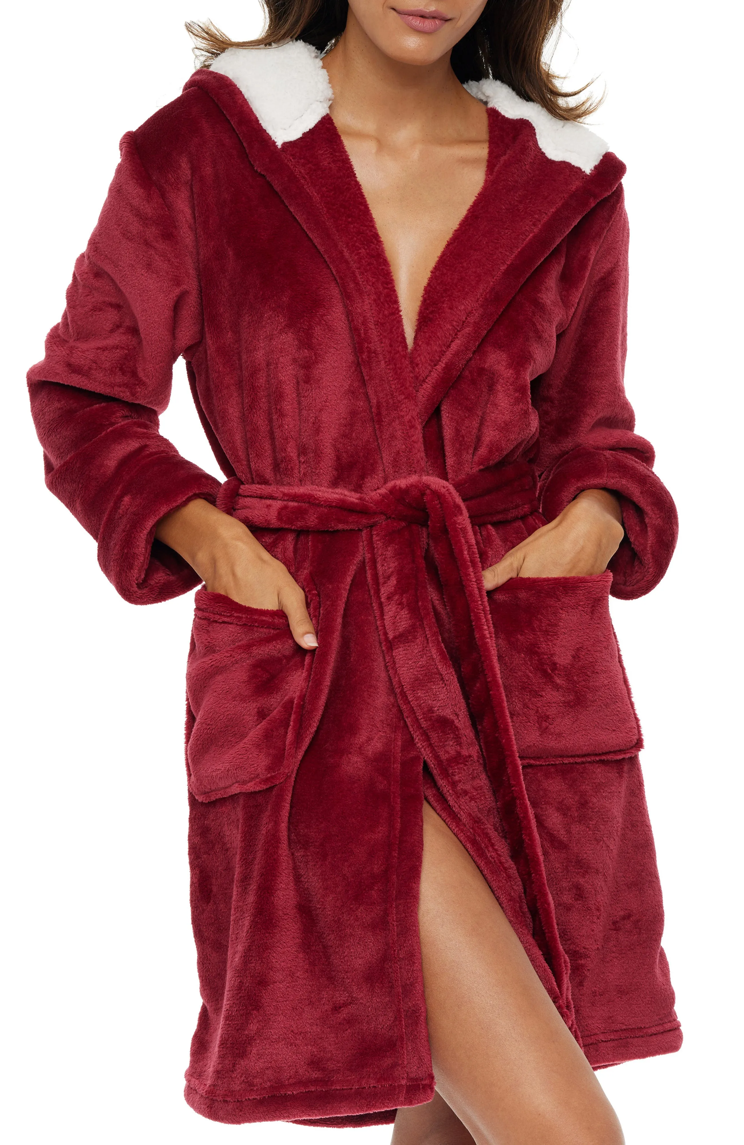 Women's Classic Plush Hooded Robe, Short Fleece Bathrobe Solids