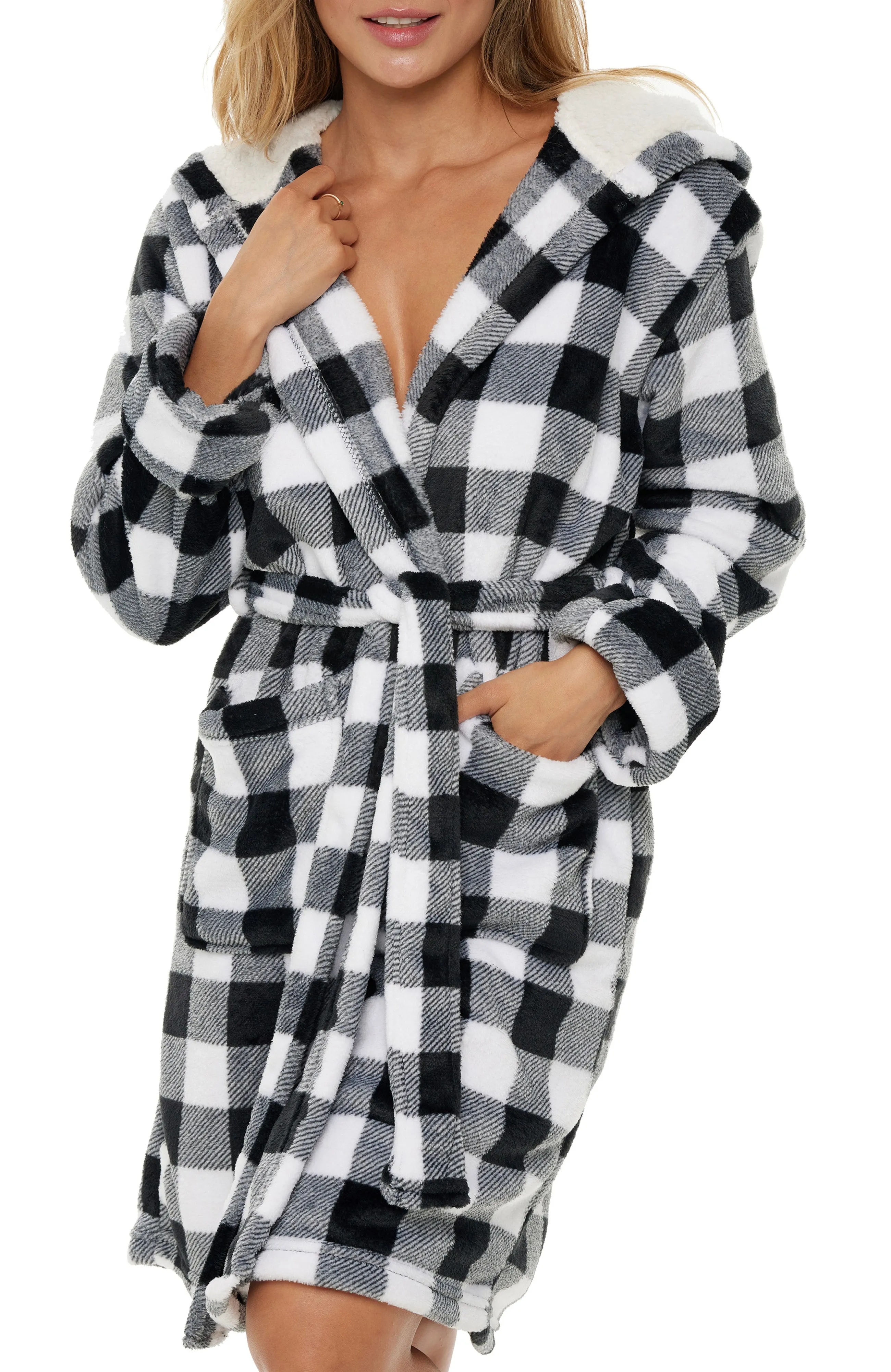 Women's Classic Plush Hooded Robe, Short Fleece Bathrobe Solids