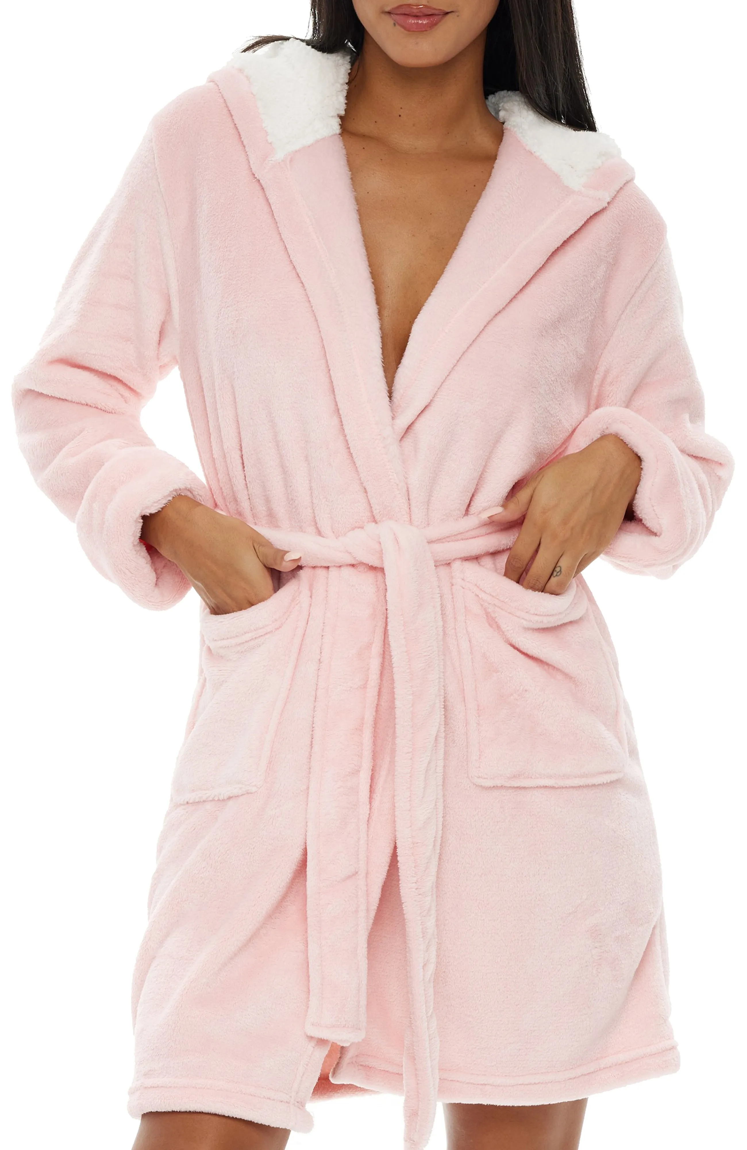 Women's Classic Plush Hooded Robe, Short Fleece Bathrobe Solids