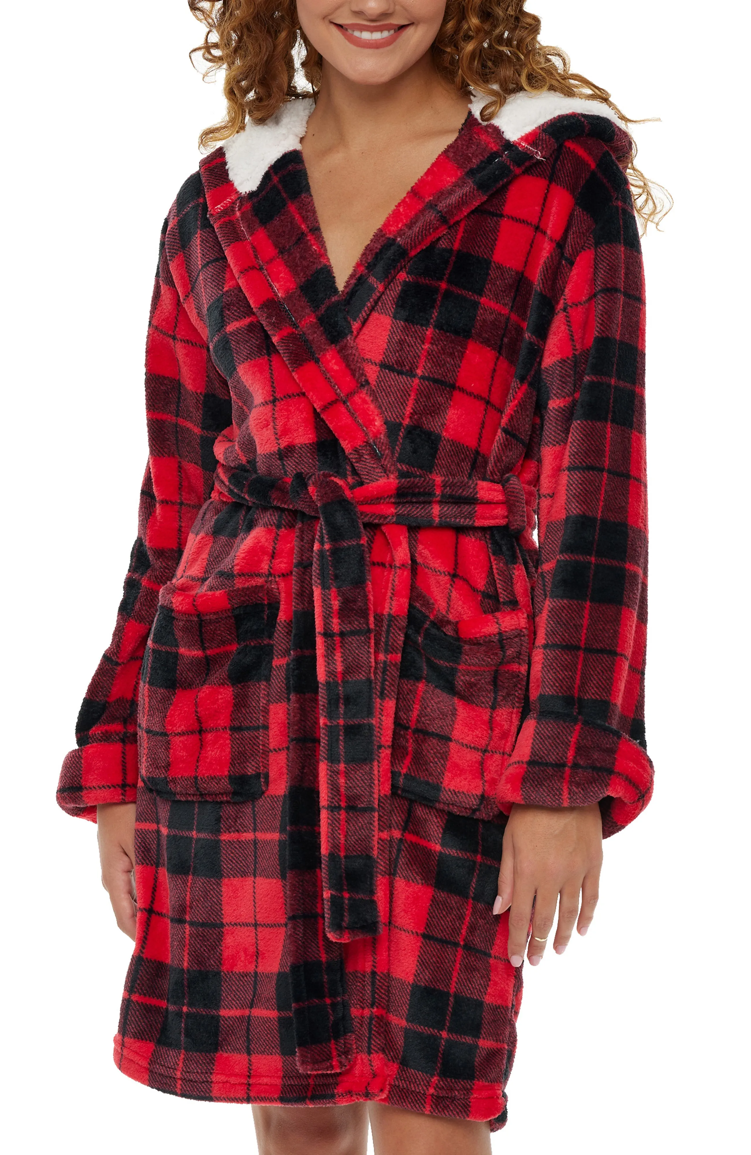 Women's Classic Plush Hooded Robe, Short Fleece Bathrobe Solids