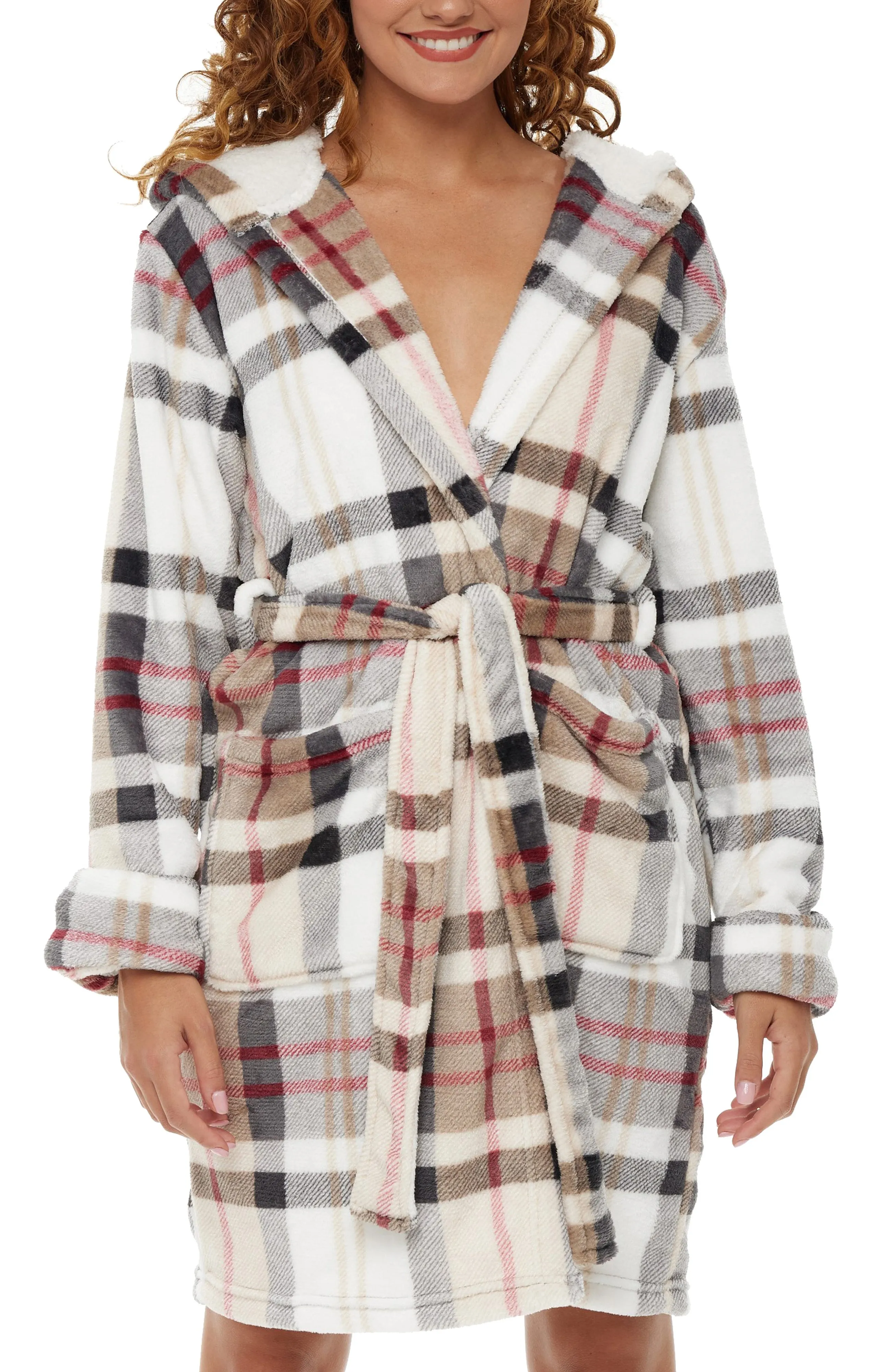 Women's Classic Plush Hooded Robe, Short Fleece Bathrobe Solids