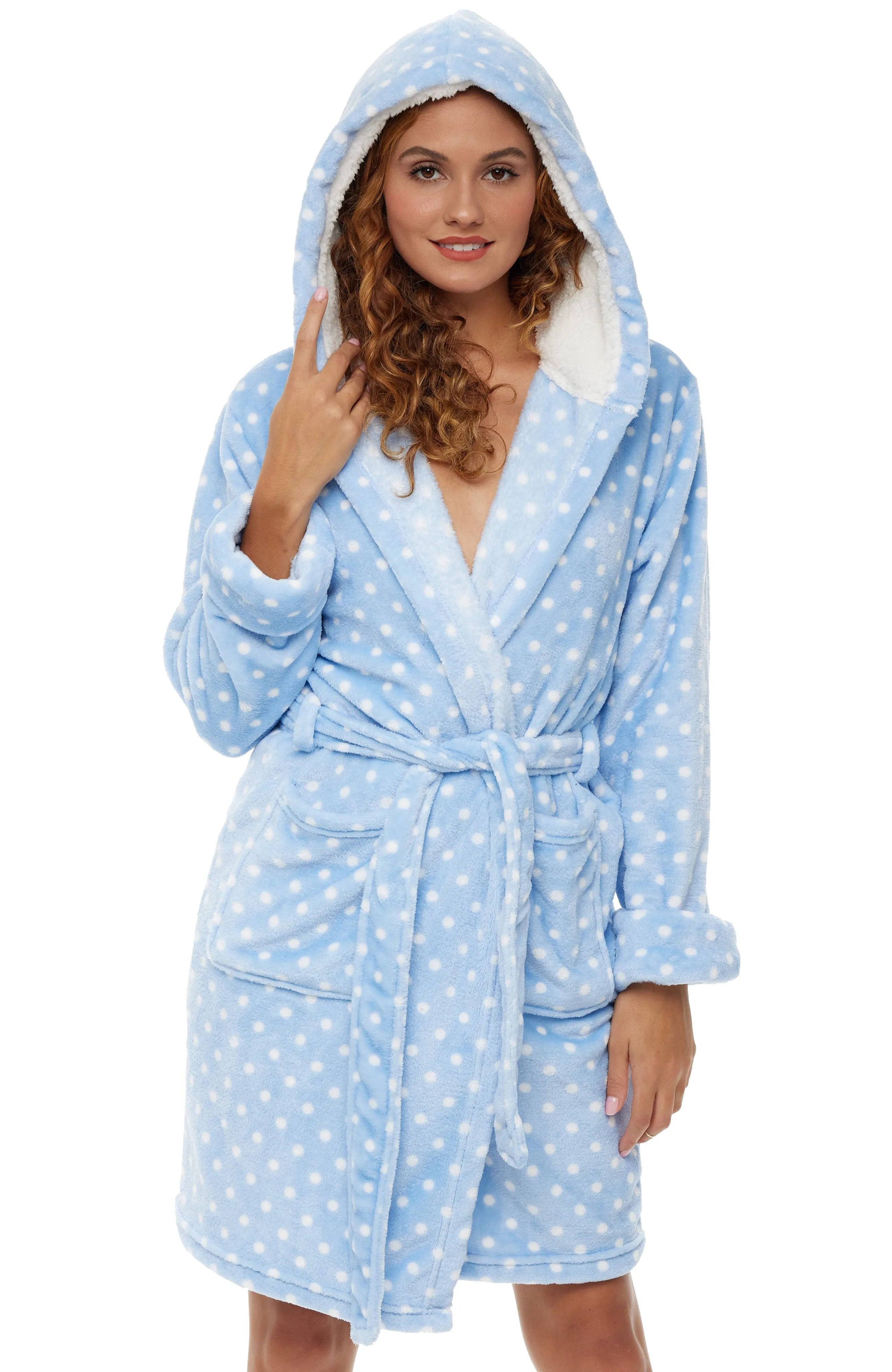 Women's Classic Plush Hooded Robe, Short Fleece Bathrobe Solids