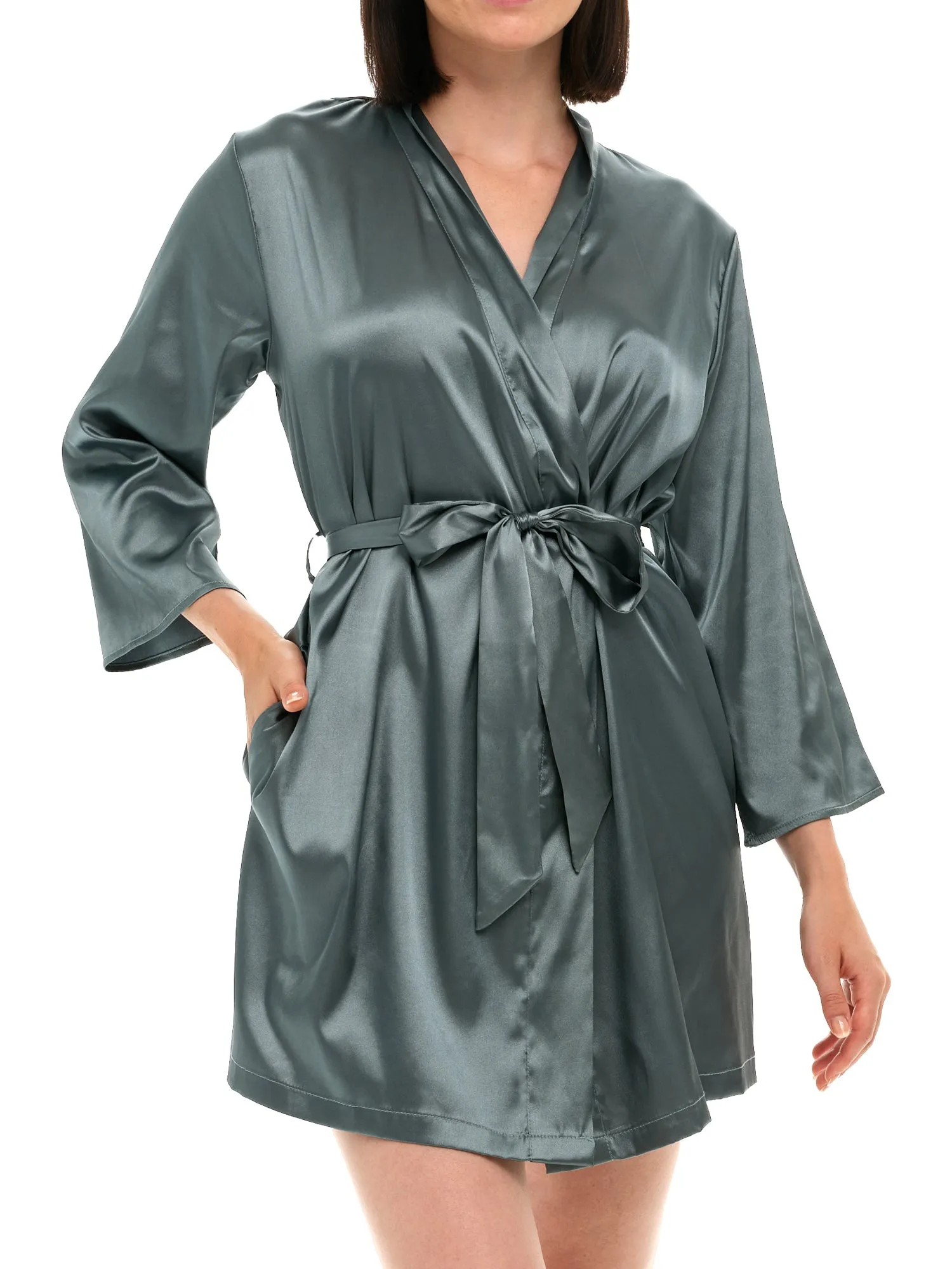 Women's Satin Robe with Pockets, Belt Loops, Short, Above the Knee Length