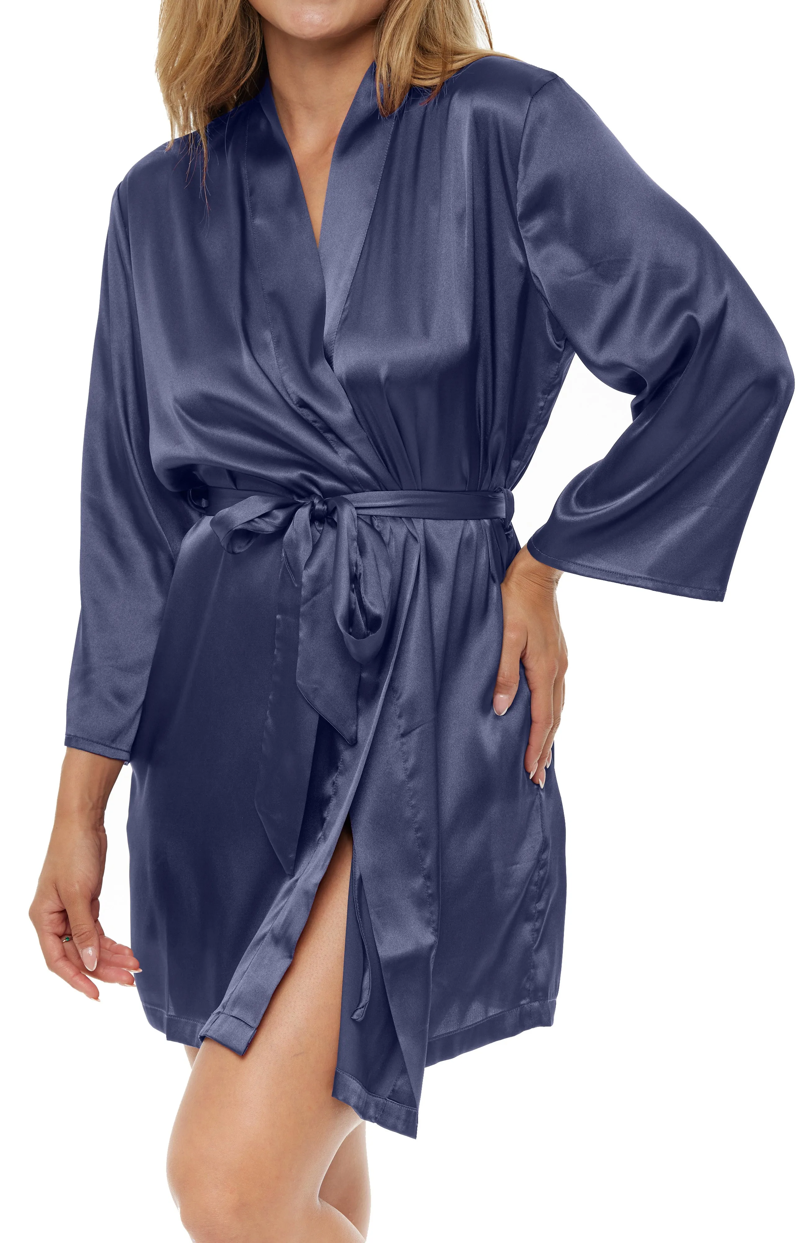 Women's Satin Robe with Pockets, Belt Loops, Short, Above the Knee Length