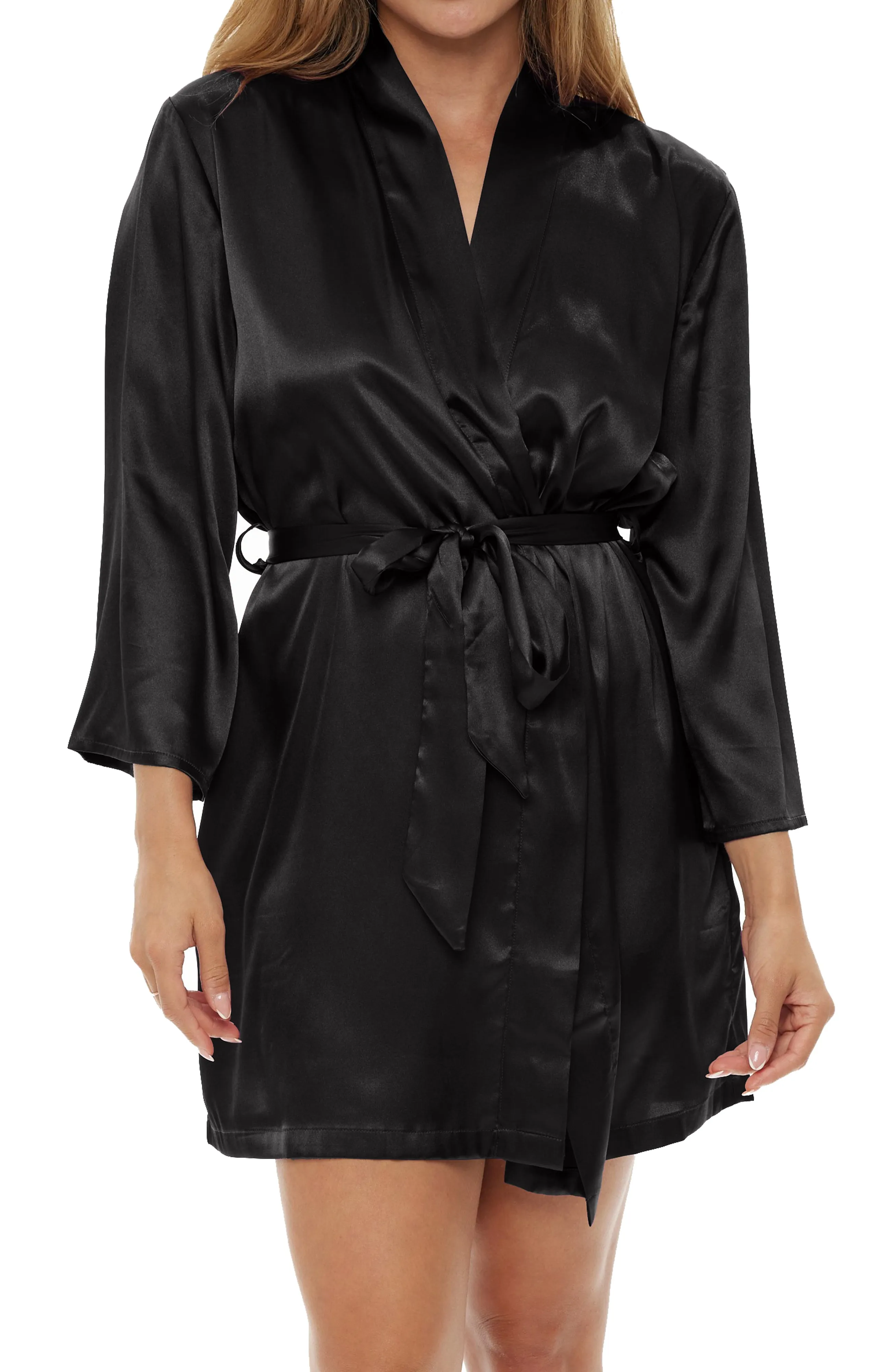 Women's Satin Robe with Pockets, Belt Loops, Short, Above the Knee Length