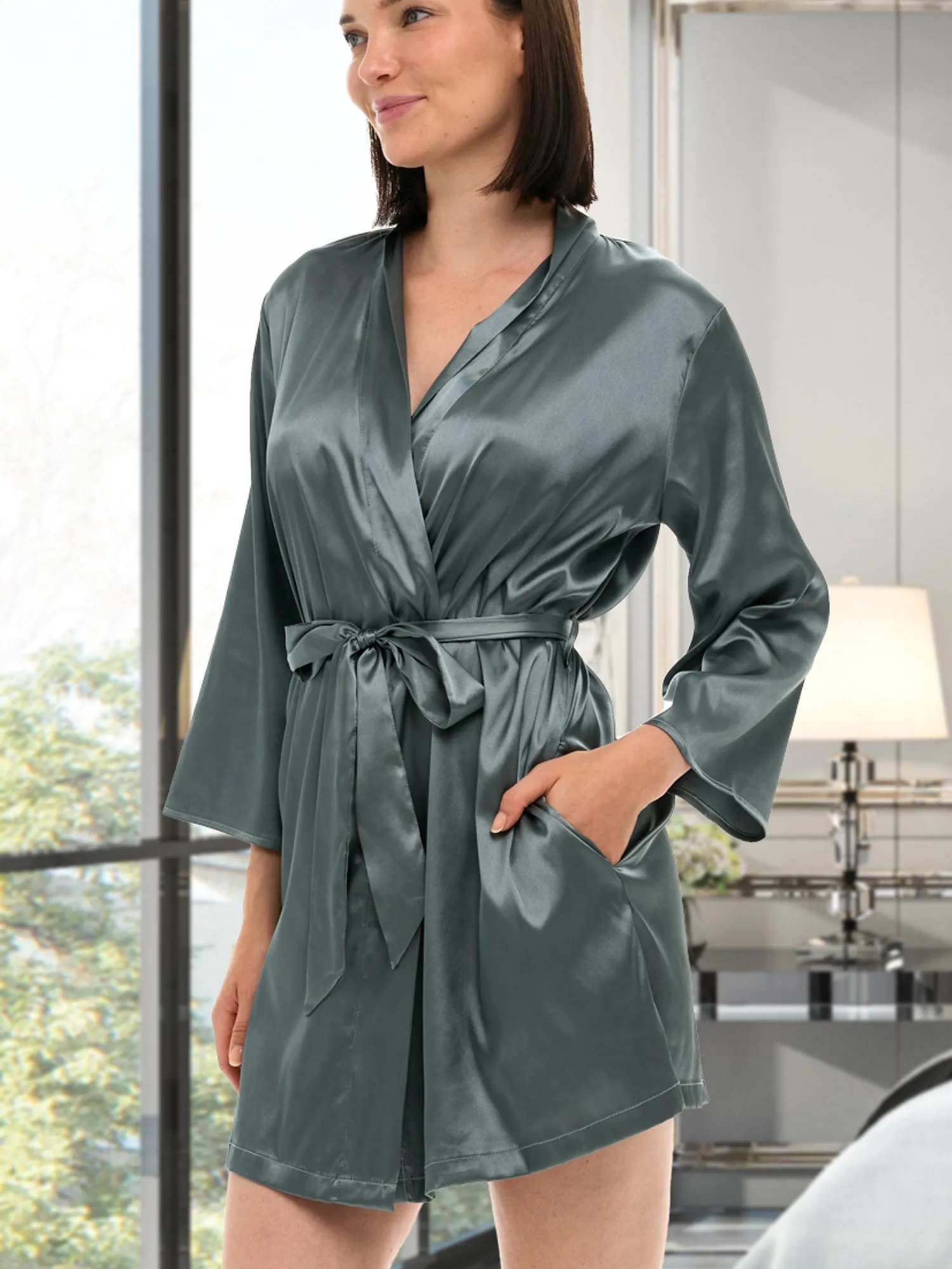 Women's Satin Robe with Pockets, Belt Loops, Short, Above the Knee Length