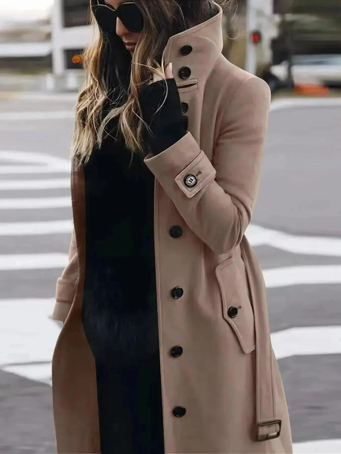 Women's Solid Color Button Slim-fit Woolen Overcoat