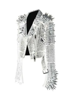 Women's White Genuine Leather Jacket with Silver Studs and Large Spikes – Punk Style