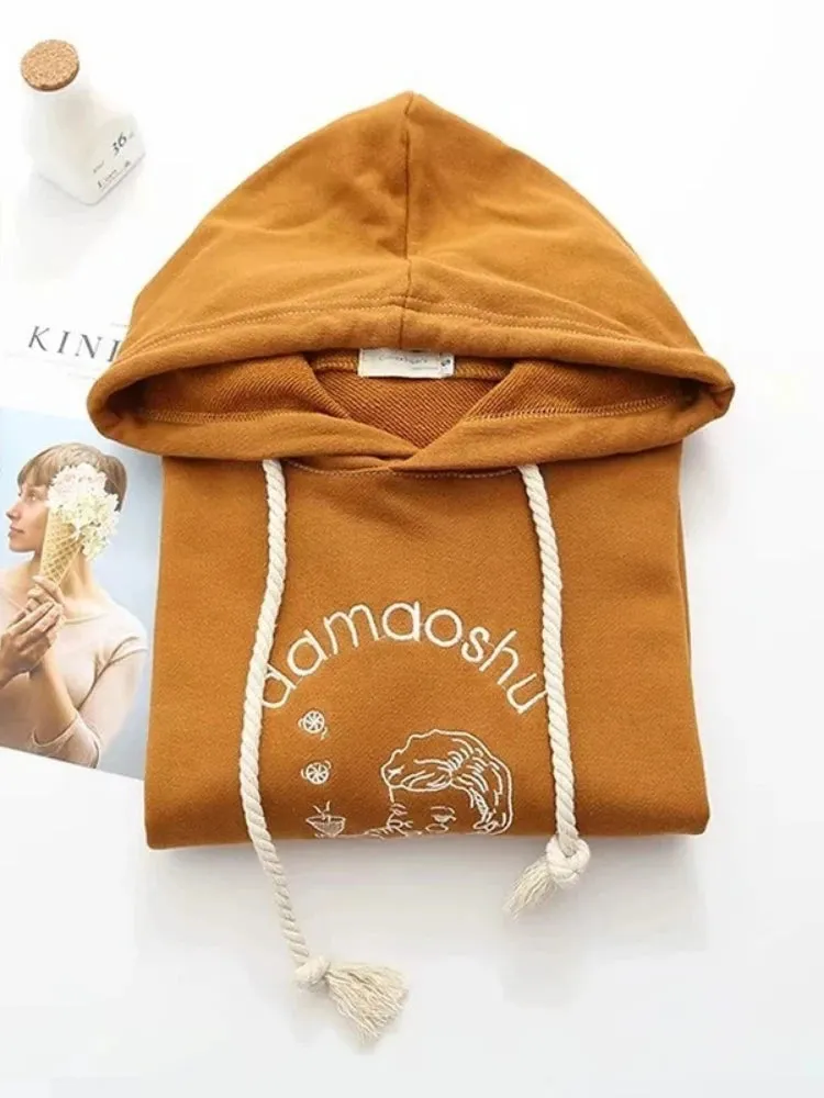 Yellow Solid Cartoon Embroidery Casual Women Hooded Sweatshirts Winter Long Sleeve Pocket Hoodies Female Pullover Tracksuit